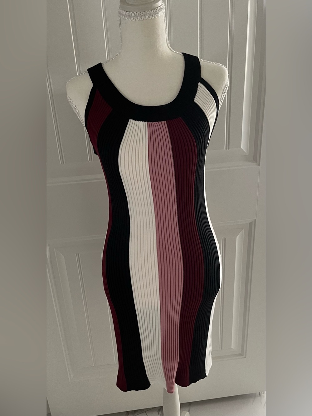VENUS Striped Ribbed Midi Tank Dress in Black, White & Mauve